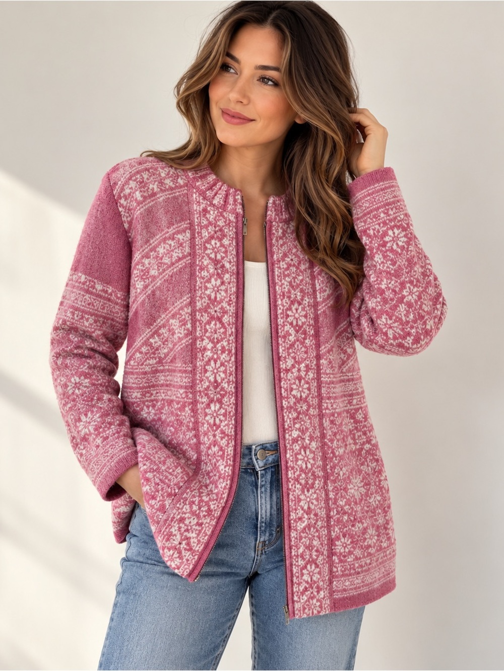 Vintage Pendleton Sz S Pink Lambswool Nordic Full Zip Cardigan Jacket Fair Isle